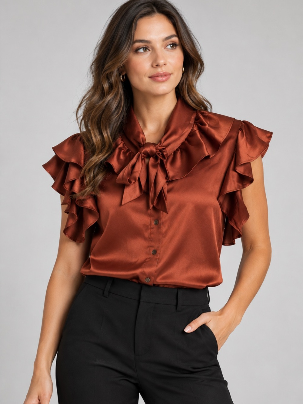 theory Ruffle Sleeve Silk Blouse in Brown XL quite luxury